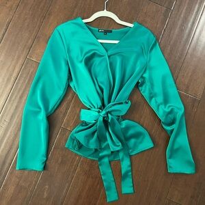 Gibson Satin Green Wrap Long Sleeve Top
